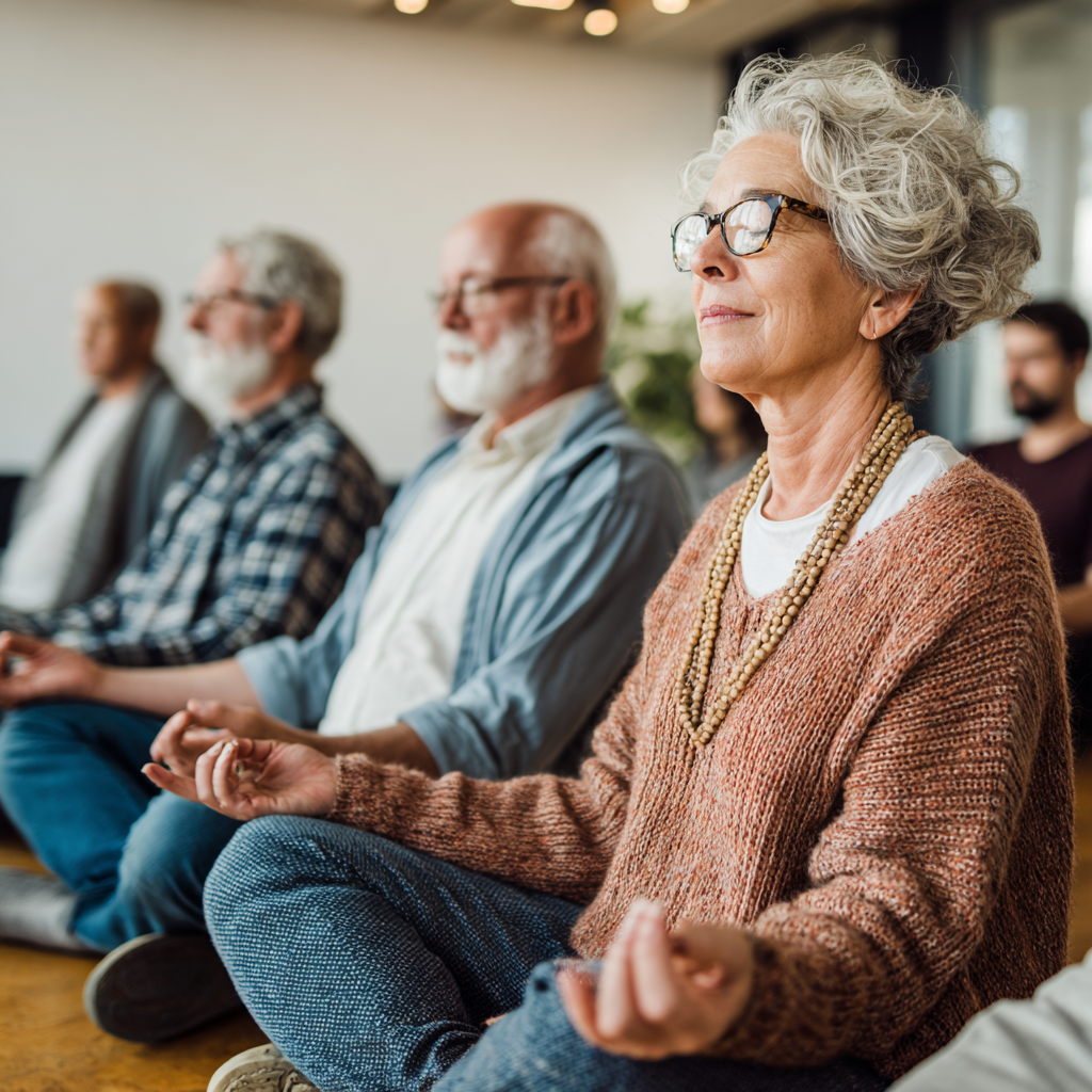 Peaceful meditation corner with older adults in comfortable seated positions practicing mindfulness